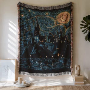 Wizard School Woven Blanket, Starry Night Castle Tapestry Throw, Magical Dorm Decor, Fantasy Woven Blanket Gift for Dreamers and Book Lovers