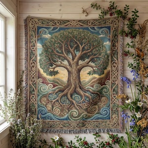 May include: A tapestry depicting a tree with sprawling roots and branches, set against a backdrop of rolling hills and a blue sky. The tree is the focal point, with intricate details and a border of Celtic knots. The color palette includes greens, blues, and browns.
