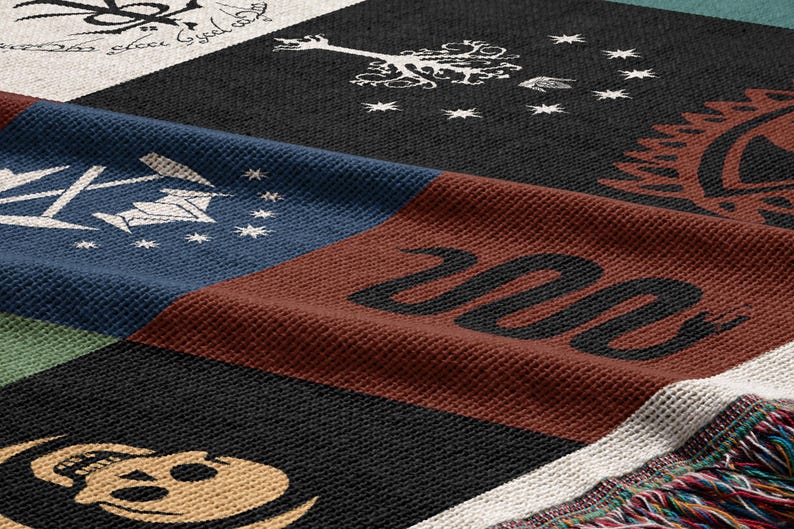 Close-up texture detail of Lord of the Rings Flags blanket showing woven fabric quality, magical symbols patchwork design with multicolored fringe detail