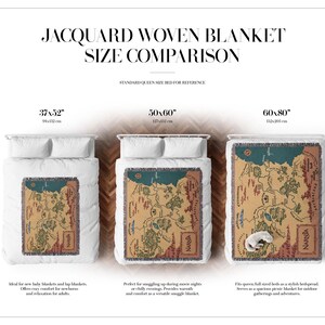 May include: Jacquard woven blanket size comparison. Three blankets are displayed on beds, showcasing different sizes: 37x52 inches, 50x60 inches, and 60x80 inches. Each blanket features a map design with the word "Narnia".
