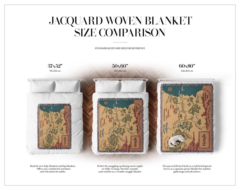 May include: Jacquard woven blanket size comparison. Three blankets are displayed on beds, showcasing different sizes: 37x52 inches, 50x60 inches, and 60x80 inches. Each blanket features a map design with the word "Narnia".