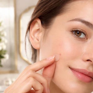 May include: A person applying a clear acne patch to their cheek. The patch is being held in place with a finger. The person has brown hair and eyes. The background is blurred, with a mirror and some greenery visible.