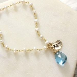 Something blue personalized bracelet for bride, couples initials, wire wrapped blue gemstone bracelet, wedding gift for bride wife to be