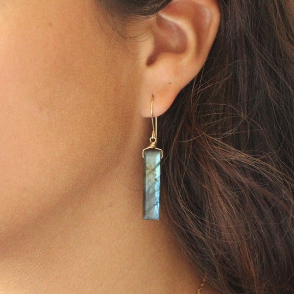 Dangling labradorite bar earrings, long linear earrings, minimal, vertical bar earrings, geometric, 925 sterling silver, 14k GF
