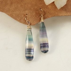 Fluorite statement earrings, wire wrapped crystal earrings, rainbow fluorite jewelry, long gemstone dangle earrings, dangling earrings