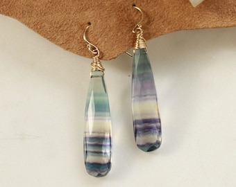 Fluorite statement earrings, wire wrapped crystal earrings, rainbow fluorite jewelry, long gemstone dangle earrings, dangling earrings