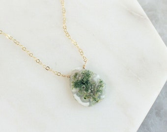 moss agate necklace, delicate crystal pendant necklace, dainty gemstone slice, sterling silver, 14k gold filled, natural stone jewelry