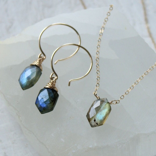 Labradorite necklace set with earrings, geometric gemstone hoop earrings & matching necklace jewelry gift set, hexagon stones, healing stone