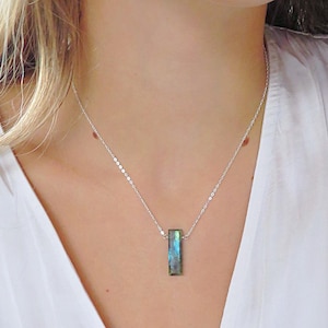 Dainty gemstone necklace, labradorite pendant necklace, gem bar necklace, sterling silver, vertical bar necklace, gemstone jewelry, 14k GF