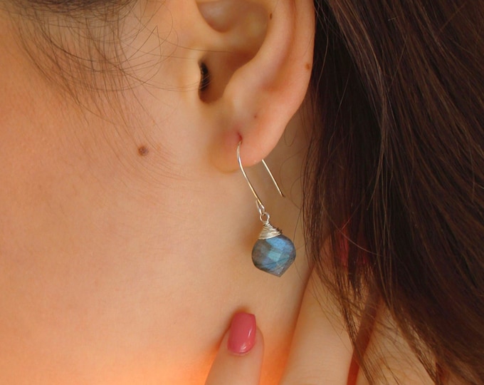 Dainty Labradorite earrings, wire wrapped authentic labradorite natural gemstone dangle earrings, birthday gift for girlfriend, otis B