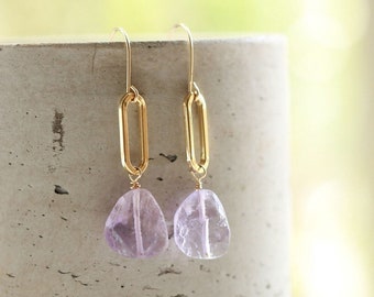 Natural Pink Amethyst dangle earrings, gold paperclip earrings, raw amethyst crystals, dangling crystal earrings, february Pisces birthstone