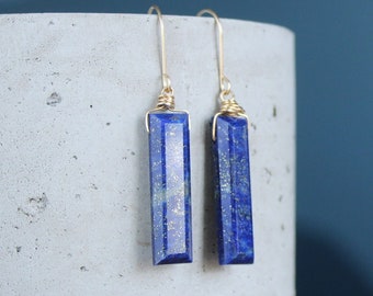 Lapis earrings, lapis lazuli dangling earrings, geometric, vertical earrings, blue gemstone earrings, modern minimal earrings, september