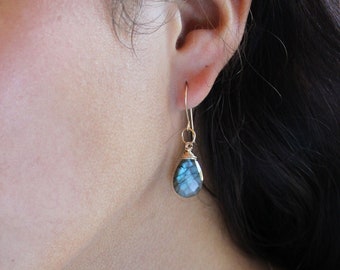 Labradorite Drop Earrings, 925 Silver, 14K Gold Filled, Healing Stone