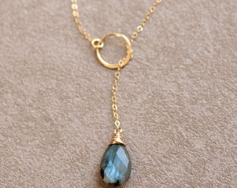 Flashy Labradorite gemstone necklace, natural labradorite lariat necklace, blue fire, sterling silver or gold filled