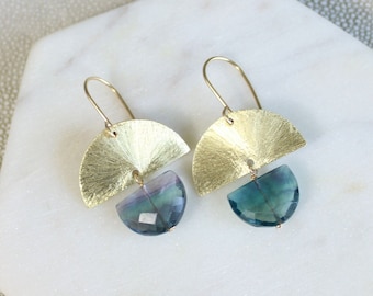 Rainbow fluorite earrings, gold brass arch dangling geometric statement earrings, arc earrings, handmade dangling fluorite earrings