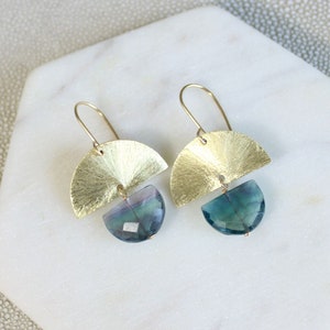 Rainbow fluorite earrings, gold brass arch dangling geometric statement earrings, arc earrings, handmade dangling fluorite earrings