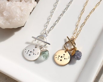 Constellation charm necklace, custom raw birthstone necklace, Leo jewelry, toggle necklace, 14k GF sterling silver, august birthday