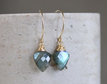 Dangling labradorite hoop earrings, 925 silver hoops, 14k gold filled huggie style gemstone earrings, wire wrapped stones, blue flash stones