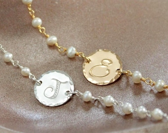 Personalized Pearl Bracelet with hand stamped initial charm, Sterling Silver or Gold Filled, beaded pearl bracelet, adjustable