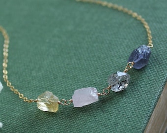 Raw birthstone necklace, customizable gift, custom family necklaces for mom, raw crystal necklace, handmade boho jewelry gift for her