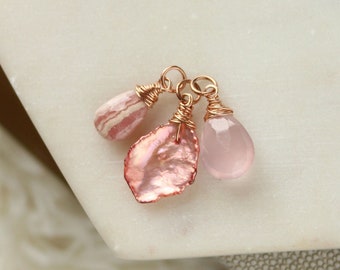 Removable charm set, keshi pearl, rhodochrosite, rose quartz, pink gemstone charms for jewelry, charm collection, add on charm dangles,