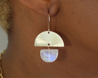 Geometric gemstone earrings, half moon moonstone earrings, boho earrings, custom stone, 925 silver 14K GF, handmade earrings, gift for her