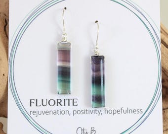 Boucles d'oreilles pendantes en fluorite, boucles d'oreilles en pierre naturelle, bijoux en cristal aux vertus curatives, pierres de protection