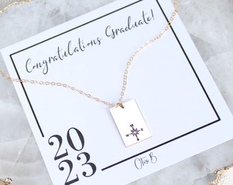 Square pendant necklace, tag necklace, Graduation gift for her, compass charm necklace, hand stamped, 925 silver 14k GF, paperclip necklace