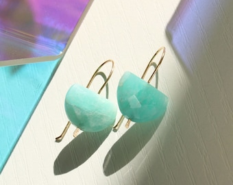 Dangling amazonite earrings, simple hook gemstone earrings, half moon, half circle earrings, healing crystal jewelry, boho minimalist