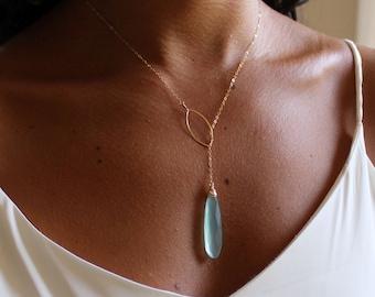 Long gemstone necklace, aqua chalcedony statement necklaces for women, no clasp lariat, 925 silver 14k GF, malachite, chocolate moonstone