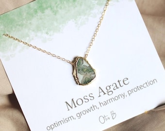 Green agate pendant layering necklaces for her, dainty gem slice necklace, Moss agate necklace, gold waterproof jewelry, handmade necklace