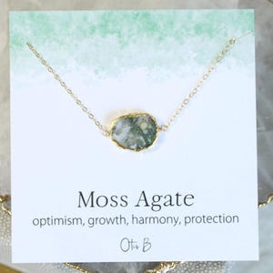 Moss agate pendant necklace, gemstone slice necklace gold, handmade boho jewelry gift for women, crystal necklace, birthday gift for her