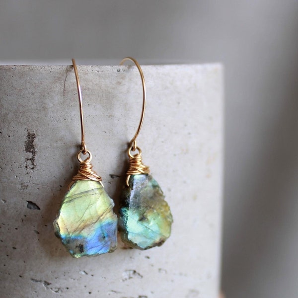 Rough cut Labradorite earrings, raw gemstone dangling earrings, gem slice, colorful gemstone earrings, wire wrapped stones, Otis B