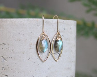 Labradorite earrings, blue flash labradorite dangle earrings, gold gemstone earrings, minimal gem drop earrings, 925 silver, 14k GF, Otis B