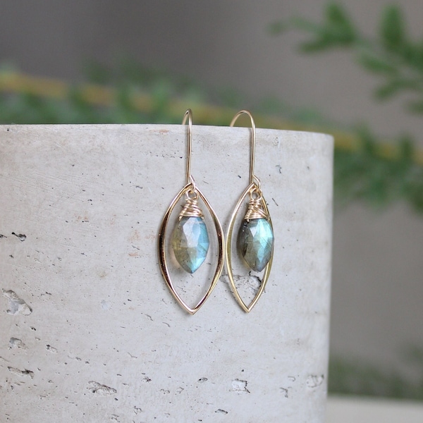 Labradorite earrings, blue flash labradorite dangle earrings, gold gemstone earrings, minimal gem drop earrings, 925 silver, 14k GF, Otis B