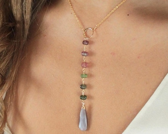 Long Watermelon Tourmaline necklace, October birthstone jewelry gift for Libra, Boho chocolate moonstone pendant necklaces for women