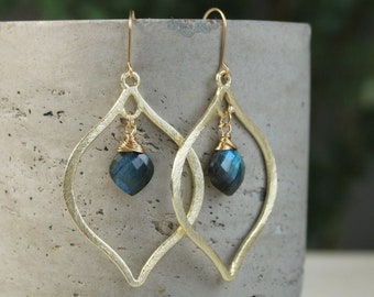 Labradorite dangle earrings, boho hoops, gemstone earrings, wire wrapped blue labradorite earrings, gold hoop earrings, 925 silver 14K GF