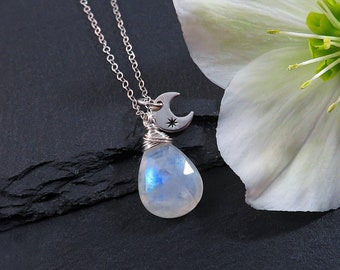 Moon necklace, moonstone necklace, sterling silver moon stone necklace, crescent moon charm necklace, celestial jewelry, moonstone jewelry