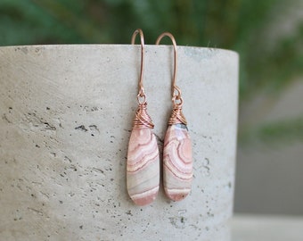 Dangling rhodochrosite earrings, rose gold gemstone earrings, pink teardrop earrings, healing stone jewelry, wire wrapped raw stone earrings