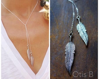 Sterling silver feather lariat, y necklace, feather necklace, feather y necklace, boho necklace, lariat necklace, southwestern, tribal