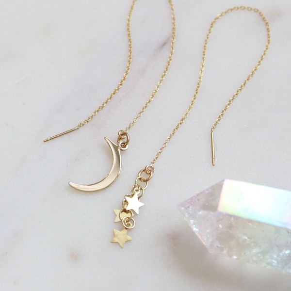 Moon & star threader earrings, minimal celestial boho thread through earrings, sterling silver or gold filled, long mismatched earrings