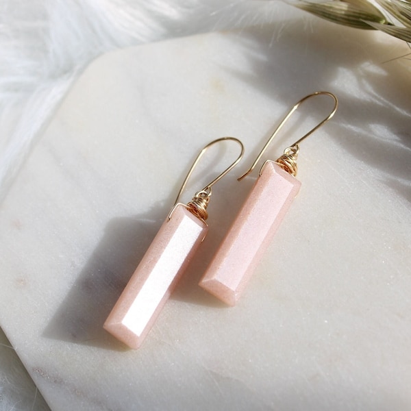 Peach Moonstone earrings, vertical bar earrings, modern minimalist earrings, gem bar earrings, choose your stone, custom gemstone jewelry