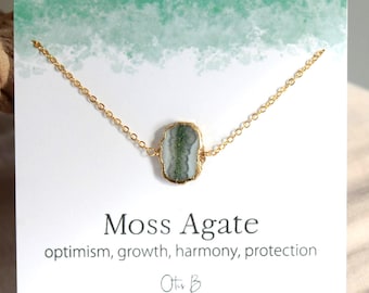 Green agate necklace, moss agate layering necklace, gem slice pendant, boho jewelry gift for her, natural raw stone jewelry, gold