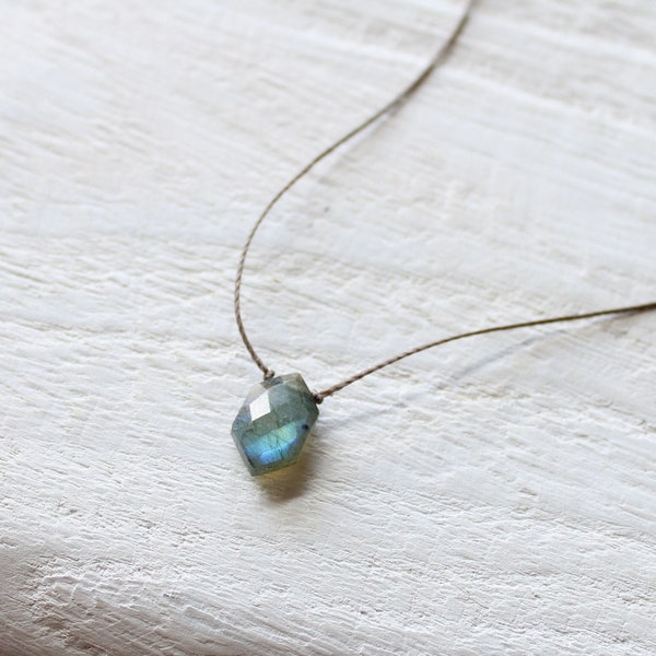 Minimal labradorite stone necklace, corded gemstone necklace, hexagon necklace, healing stones, unisex jewelry, silk cord string necklace