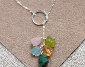 Collier cascade de pierres de naissance, pendentif en pierre précieuse brute naturelle, collier pour maman, cadeau de Noël pour maman, longs colliers en Y pour femmes.