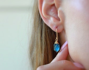 Labradorite earrings, hexagon earrings, geometric gemstone earrings, wire wrapped labradorite stone earrings, 925 silver, 14K GF hooks
