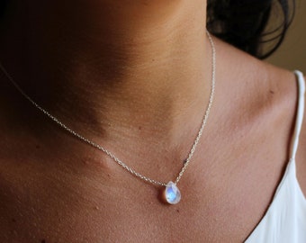 Minimal moonstone drop necklace, dainty moonstone layering necklace, delicate gemstone necklace, 925 silver 14k GF, June birthstone, gemini