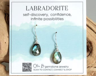 Boucles d'oreilles pendantes en labradorite scintillante, argent sterling ou plaqué or 14 carats, pierre précieuse naturelle en labradorite, cadeau en cristal énergétique pour elle