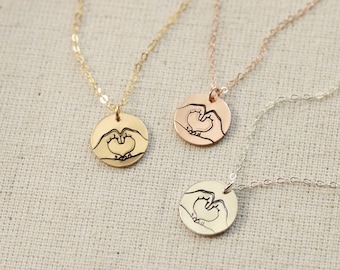 Heart hands necklace, sign language charm necklace, love you hand sign, hand heart necklace, sterling silver, 14k gold filled, coin necklace