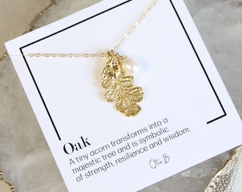 Leaf charm necklace, custom stone jewelry, pearl necklace, june birthstone, fall wedding, gold dipped oak leaf necklace, gemstone jewelry